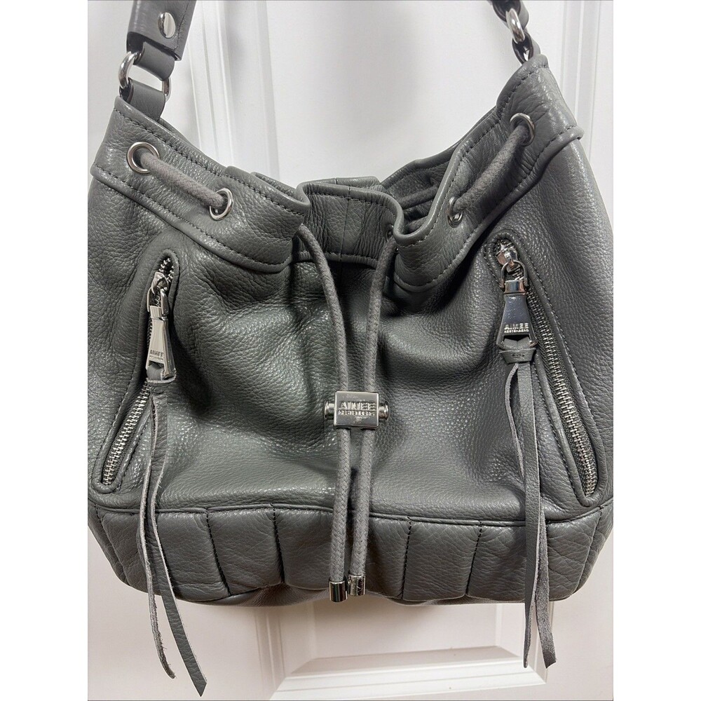 Aimee Kestenberg Gray Leather Bucket Hobo Drawstring Bag / Purse Silver Hardware - Picture 2 of 8